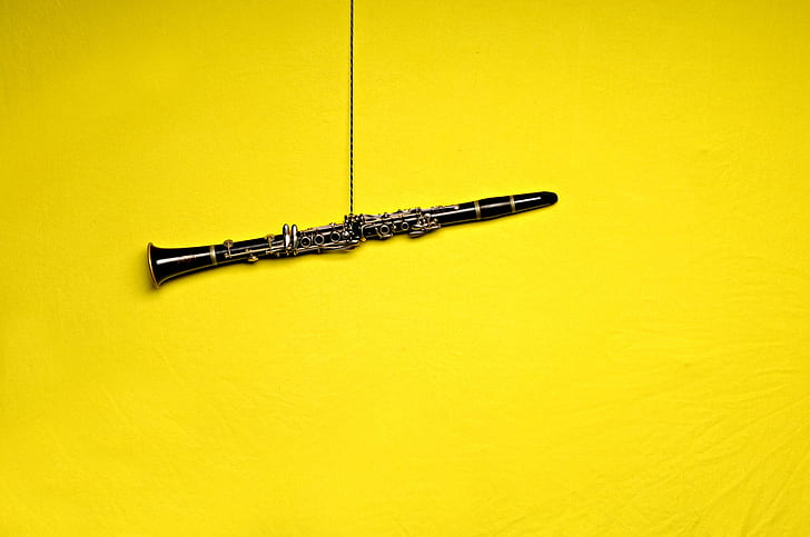 sfondo giallo, strumento musicale, minimalismo, flauto, clarinetto, Sfondo HD