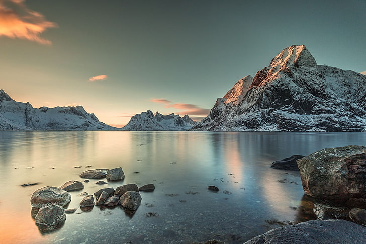 lac et montagne, paysage, eau, neige, montagnes, Fond d'écran HD