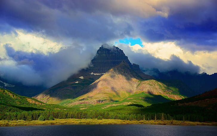 The Rockies, Montana, Estados Unidos, Parque Nacional Glacier, montaña, lago, nubes, Rockies, Montana, Estados Unidos, Glacier, Nacional, Parque, montaña, lago, nubes, Fondo de pantalla HD