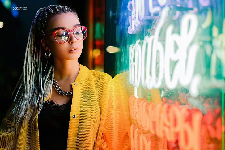 women, model, dyed hair, Braided hair, portrait, outdoors, women with glasses, glasses, necklace, jacket, yellow jacket, neon, neon lights, night, women outdoors, Daria Klepikova, HD wallpaper