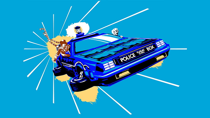 illustration de voiture de police bleue, Doctor Who, Retour vers le futur, TARDIS, DeLorean, artwork, science fiction, TV, The Doctor, crossover, voyage dans le temps, Tom Baker, cyan, Fond d'écran HD