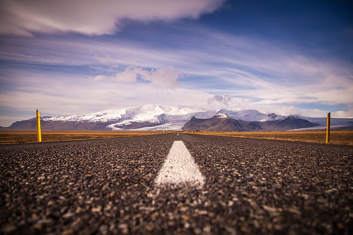 low angle photo of concrete road during daytime, From the ground, low angle, photo, concrete road, daytime, Iceland, Islandia, suelo, mountain, nature, road, landscape, desert, asphalt, highway, sky, outdoors, travel, scenics, no People, HD wallpaper