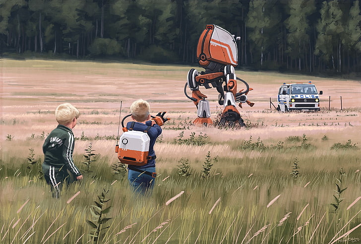 orange-weißer Drohnenroboter, futuristisch, Simon Stålenhag, HD-Hintergrundbild