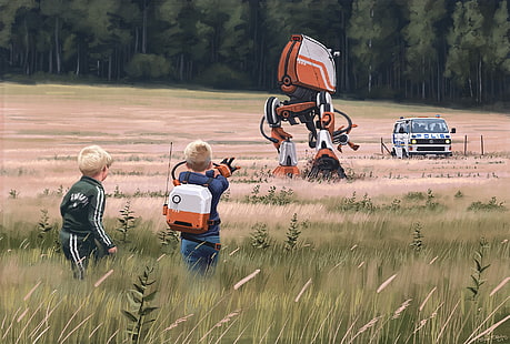 orange och vit drönrobot, futuristisk, Simon Stålenhag, HD tapet HD wallpaper