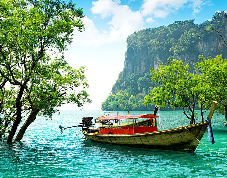 brown wooden boat, sea, beach, tropics, shore, boat, fishing boats, HD wallpaper