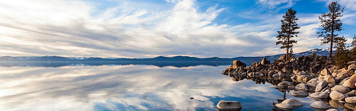 풍경 호수 구름 자연 반사 듀얼 모니터 다중 디스플레이, HD 배경 화면