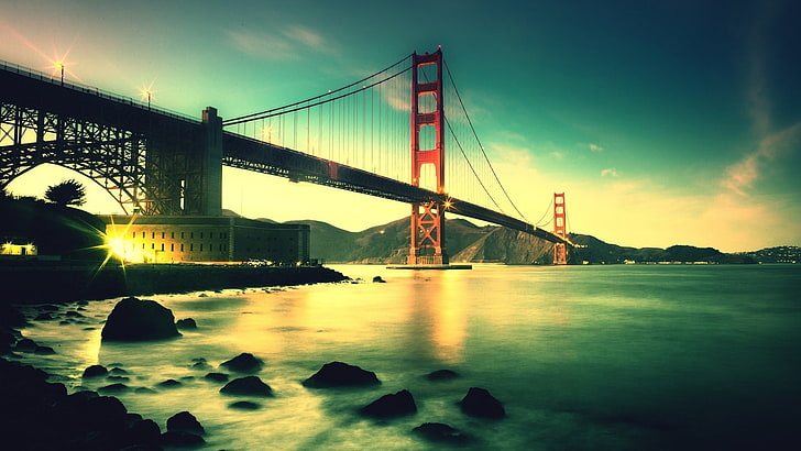 Мост Golden Gate, Сан Франциско, САЩ, мост, море, архитектура, залез, дълго изложение, HD тапет
