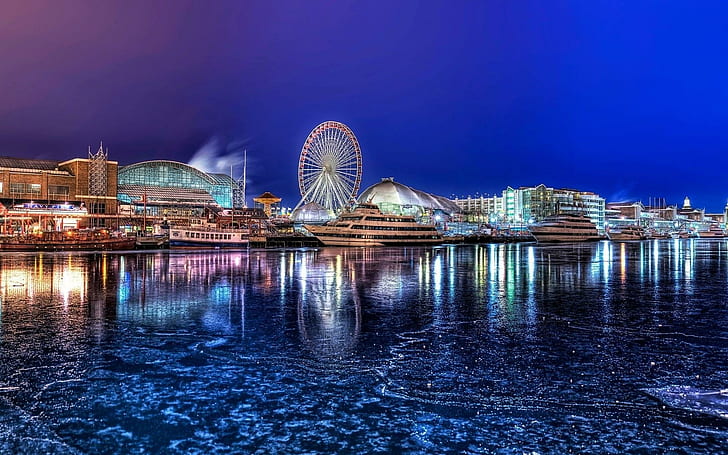 Amusement Park At A Frozen River Hdr, lights, river, ferris wheel, city, nature and landscapes, HD wallpaper