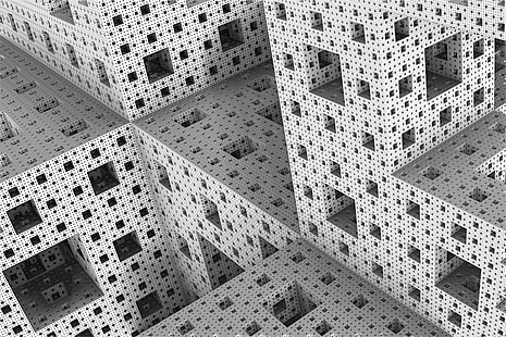 papel de parede abstrato cinza, fractal, Mandelbrot, a esponja de Menger, HD papel de parede HD wallpaper