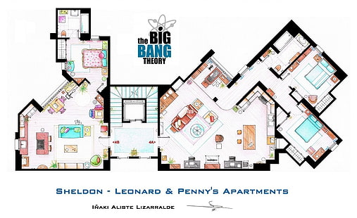 Теория за Големия взрив Шелдън, Леонард и илюстрация на плана на апартаментите на Пени, Теорията за Големия взрив, HD тапет HD wallpaper