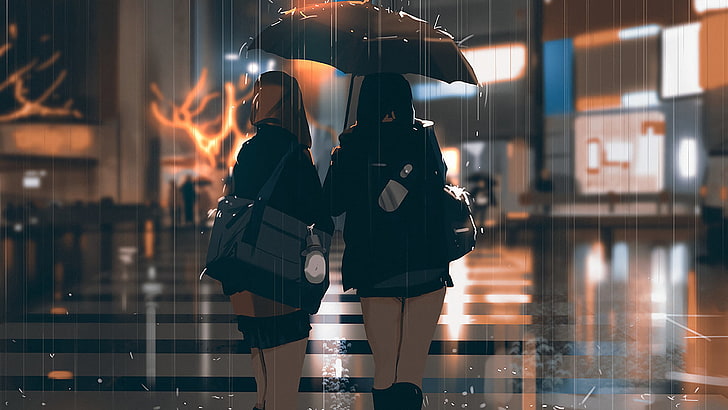 person holding umbrella illustration, digital art, rain, road, women, umbrella, HD wallpaper