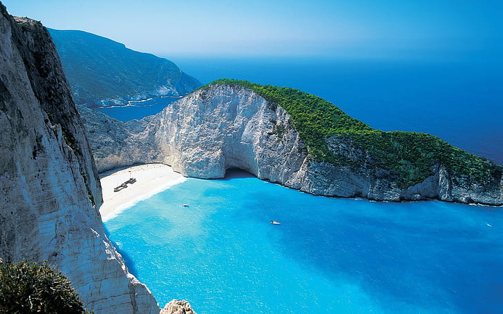 hav, gröna, strand, sten, blå, paradis, båtar, horisont, Laguna, Grekland, HD tapet