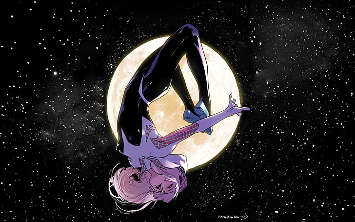 fioletowowłosa postać z anime, Marvel Comics, Gwen Stacy, Spider-Gwen, gwiazdy, Księżyc, Spider-Man, Tapety HD