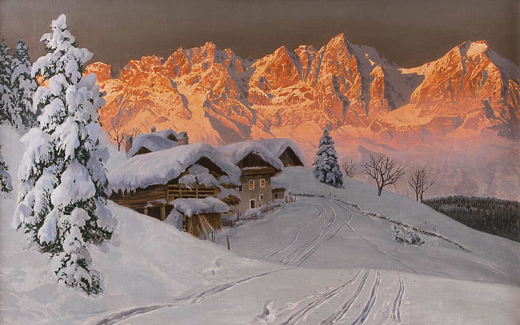 Alois Arnegger, austriacki malarz, olej na płótnie, Nastrój zimowego wieczoru przed Kaisergebirge, Wieczorna zimowa atmosfera przed górami Kaiser, Wieczorny zimowy nastrój przed Kaisergebirge, Tapety HD