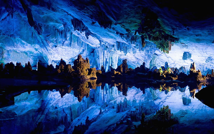 body of water, cave, stalactites, stalagmites, water, reflection, mirror, HD wallpaper