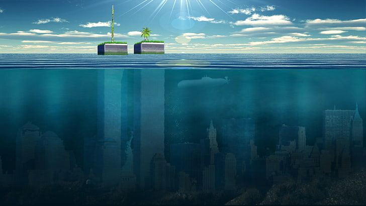 underwater city wallpaper, sea, water, split view, sunken cities, HD wallpaper