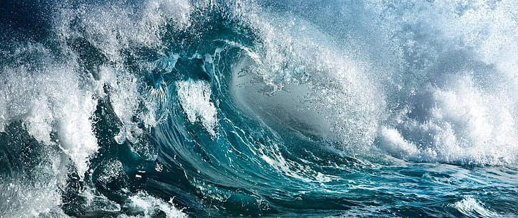 splashing waves, ultra-wide, sea, water, waves, splashes, turquoise, HD wallpaper