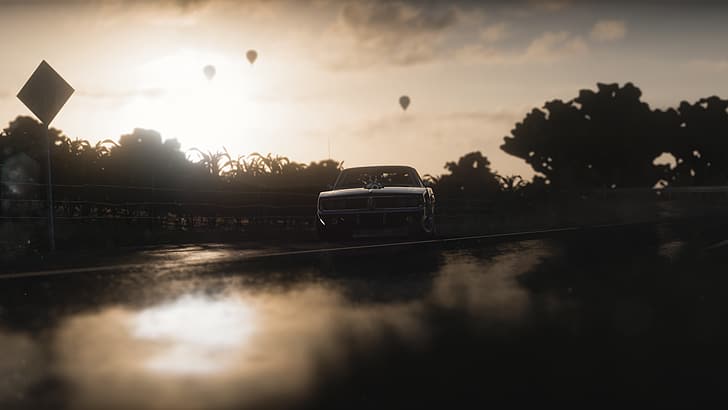 Forza Horizon 5, video games, Dodge Charger, Dodge, American cars, PlaygroundGames, supercharger, vehicle, sunset, Sky (game), muscle cars, video game art, CGI, HD wallpaper
