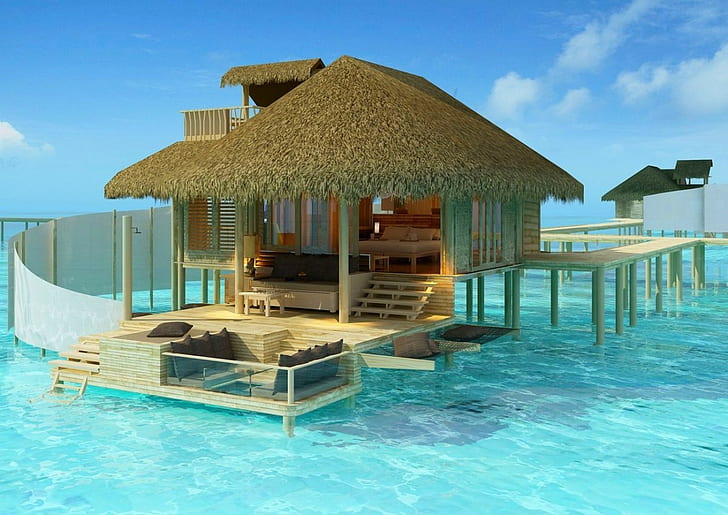 resor maldives sea madives surga air tropis turquoise bungalow, Wallpaper HD