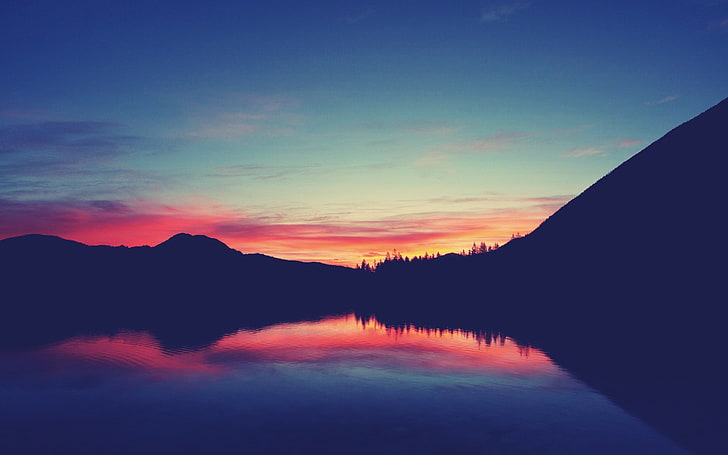 foto del lago durante l'alba, natura, luce solare, montagne, cielo, paesaggio, Sfondo HD