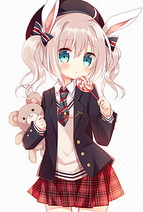 anime, anime girls, animal ears, bunny ears, gray hair, aqua eyes, candies, teddy bears, skirt, school uniform, loli, HD wallpaper HD wallpaper