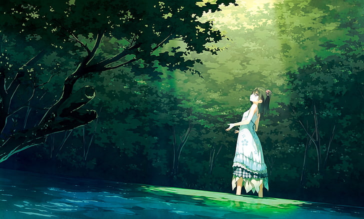 оригинални герои, пейзаж, дървета, Afterschool на 5-та година, Shizuku (Kantoku), Kantoku, аниме момичета, гора, рокля, черна коса, къса коса, зелена, бяла рокля, парк, аниме, HD тапет
