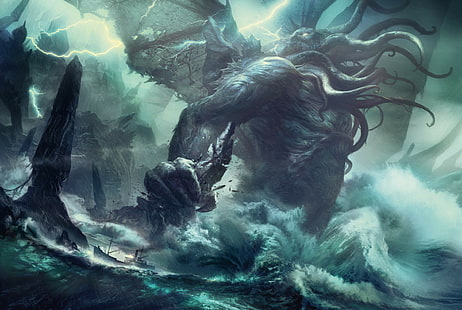 Cthulhu, tormenta, criatura, mar, Fondo de pantalla HD HD wallpaper