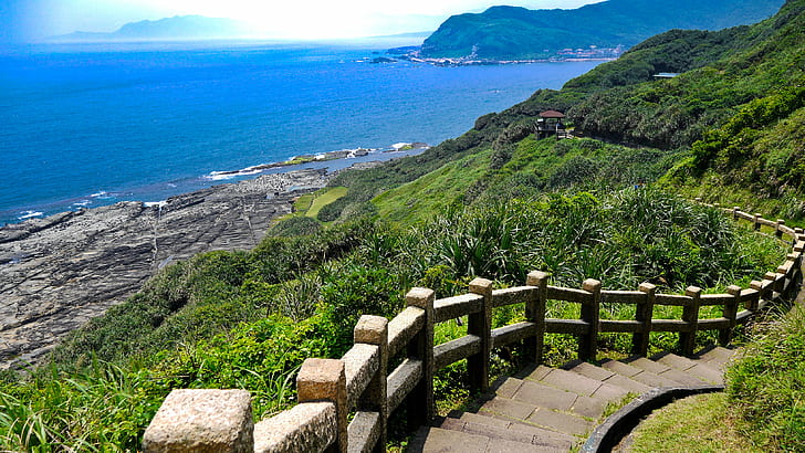 gray pathway on the top of mountain near sea, sea, coastline, nature, summer, landscape, scenics, HD wallpaper