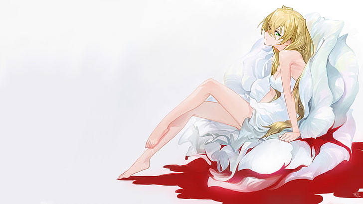 жълтокос женски аниме герой тапет, Kekkai Sensen, цветя, кръв, бял (Kekkai Sensen), бос, руса, зелени очи, HD тапет