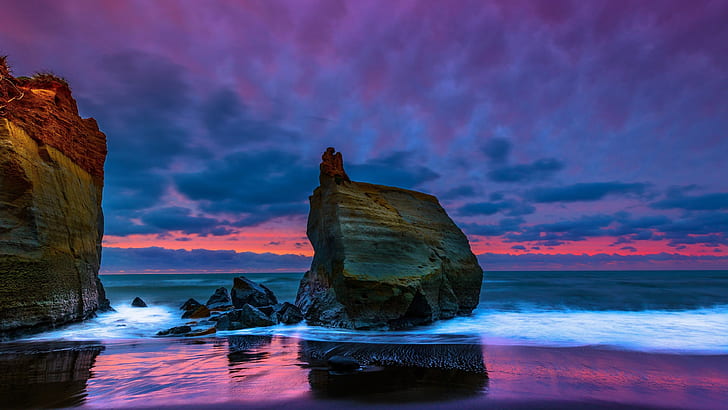 sea stack, cloudy, sunset, sea, sky, ocean, shore, rock, water, coast, wave, purple landscape, beach, cliff, stack, dusk, HD wallpaper