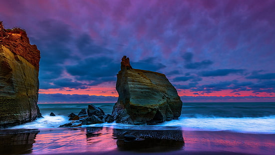 sea stack, cloudy, sunset, sea, sky, ocean, shore, rock, water, coast, wave, purple landscape, beach, cliff, stack, dusk, HD wallpaper HD wallpaper
