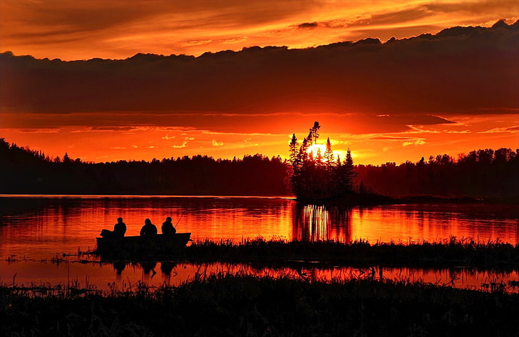 clouds, evening, fishermen, fishing, lake, sky, sunset, twilight, HD wallpaper
