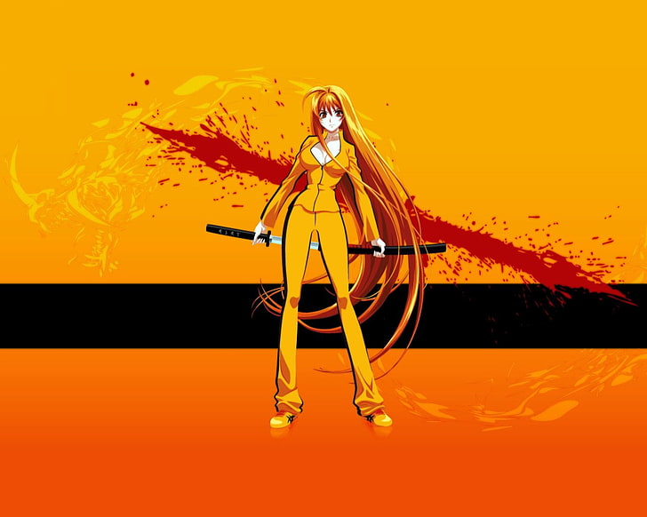 orangefarbene weibliche Figur mit Katana-Illustration, Anime, Tenjho Tenge, Crossover, Girl, Kill Bill: Vol.1, Schwert, HD-Hintergrundbild