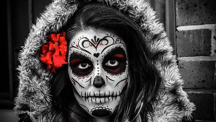 Sugar Skull, selektiver Farbton, Dia de los Muertos, Frauen, Blumen, Blume im Haar, Gesichtsfarbe, HD-Hintergrundbild