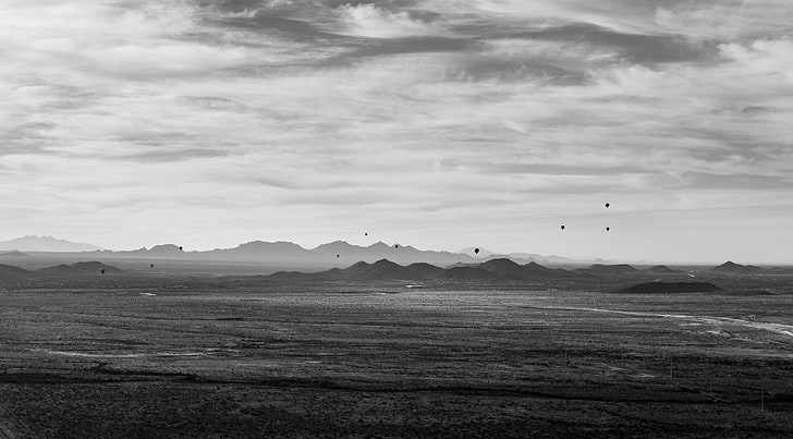 Балон с горещ въздух, черно и бяло, черно и бяло, пустиня, Аризона, езда, въздушен балон, ownercamp, HD тапет