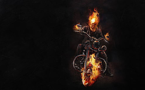Обои Marvel Ghostrider, темный фон, огонь, скелет, мотоцикл, Ghost Rider, байк, HD обои HD wallpaper