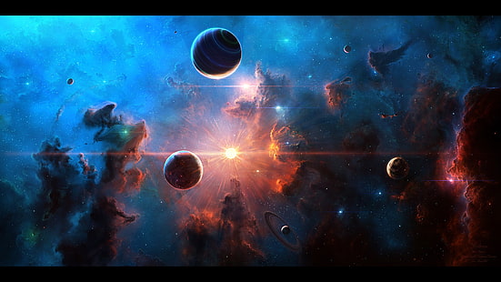 ilustração do planeta, espaço, planeta, nebulosa, estrelas, arte espacial, lua, HD papel de parede HD wallpaper