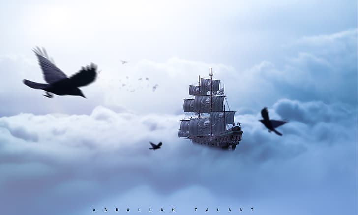 Atlas des nuages, ville des nuages, espace fantôme, bateau pirate, navire, Revan, oiseau fantastique, ville fantastique, navire fantastique, manipulation de photos, Fond d'écran HD
