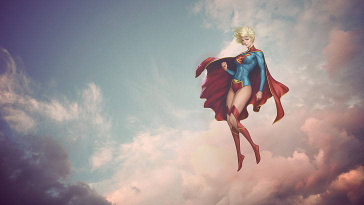 Supergirl digital wallpaper, Supergirl illustration, women, fantasy art, sky, clouds, blonde, cape, superhero, DC Comics, superheroines, Artgerm, Supergirl, HD wallpaper