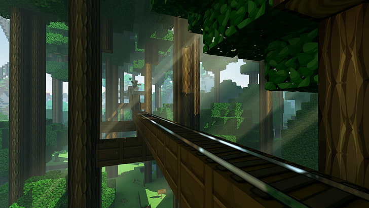 Captura de pantalla de la aplicación de juego Minecraft, aplicación de juego, Minecraft, ferrocarril, árboles, letreros, enredadera, rayos de sol, videojuegos, Fondo de pantalla HD