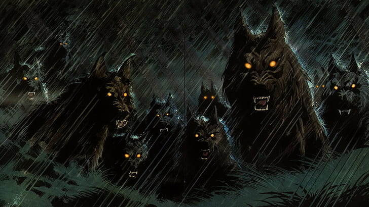 животные, искусство, жуткий, темный, демоны, зло, клыки, фэнтези, хэллоуин, адская гончая, ужас, хищник, дождь, жуткий, шторм, оборотень, волк, волки, HD обои