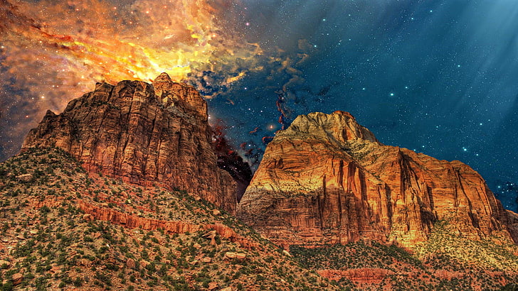 Earth, mountains, universe, photo manipulation, warm colors, nature, HD wallpaper