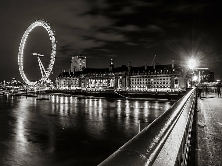 grayscale photo of London Eye during nighttime, london eye, London Eye, grayscale, photo, nighttime, 60mm, Olympus E-3, SLR, Thames, Zuiko Digital, big wheel, black-and-white, white  bridge, buildings, cityscape, clouds, cloudy, digital-camera, digital-slr, evening, event, family, long exposure, night, outdoors, reflection, river, sky, tinted, trip, water  wheel, thames River, famous Place, bridge - Man Made Structure, london - England, black And White, architecture, england, urban Scene, uK, city, europe, travel Destinations, HD wallpaper