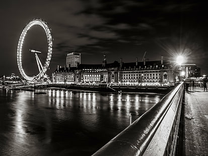черно-белое фото London Eye в ночное время, London Eye, London Eye, оттенки серого, фото, в ночное время, 60 мм, Olympus E-3, SLR, Темза, Zuiko Digital, большое колесо, черно-белый, белый мост, здания, городской пейзаж,облака, облачно, цифровая камера, digital-slr, вечер, событие, семья, длительная экспозиция, ночь, на открытом воздухе, отражение, река, небо, тонировка, путешествие, водяное колесо, река Темза, известное место, мост - искусственная структура,Лондон - Англия, черно-белое, архитектура, Англия, городская сцена, Великобритания, город, Европа, путешествия Направления, HD обои HD wallpaper