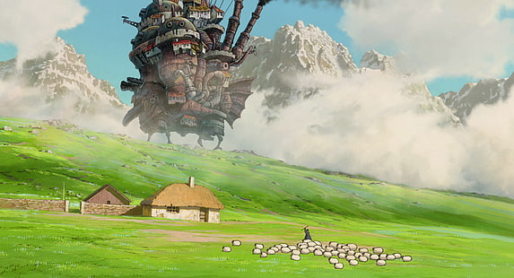 lukisan pertanian dan kapal, Hayao Miyazaki, Studio Ghibli, anime, Howl's Moving Castle, domba, Wallpaper HD HD wallpaper