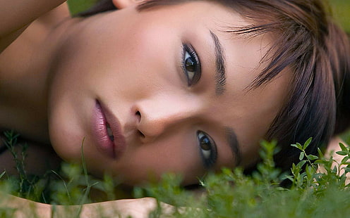 mujer, modelo, cara, asiática, morena, ojos marrones, cabello castaño, Fondo de pantalla HD HD wallpaper