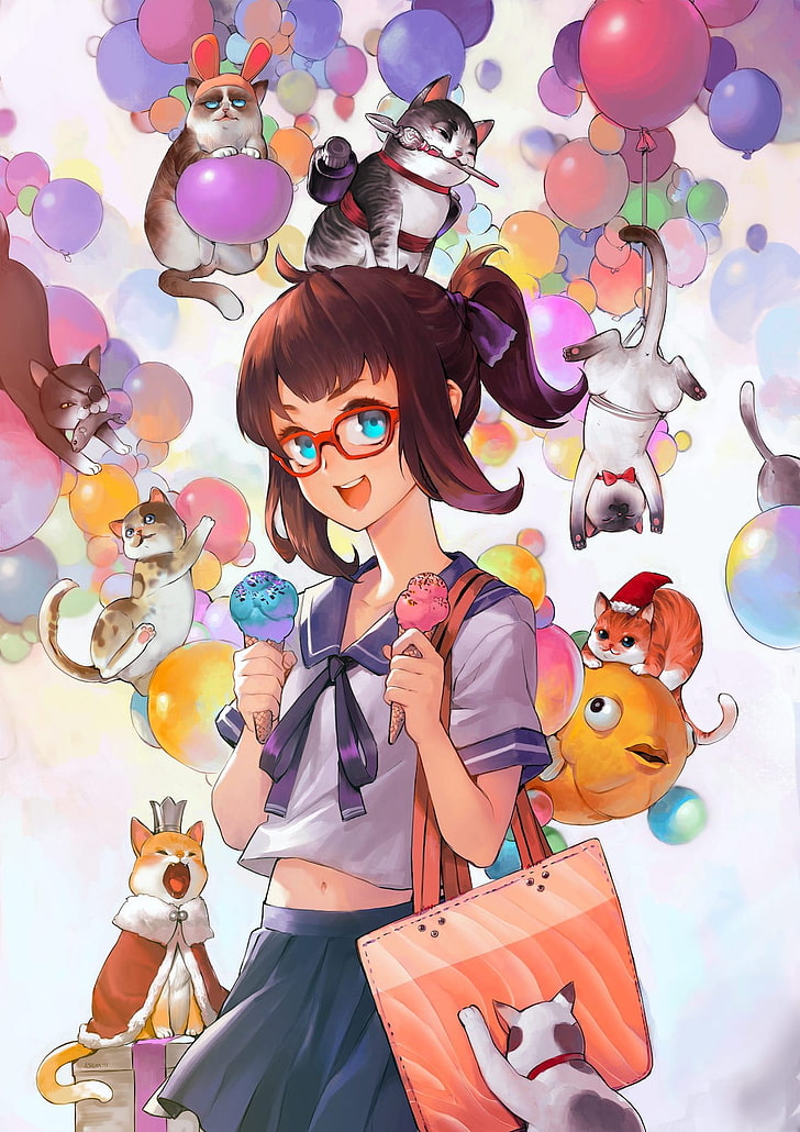 аниме, аниме девушки, кошка, воздушный шар, мороженое, оригинальные персонажи, школьная форма, очки, HD обои, телефон обои