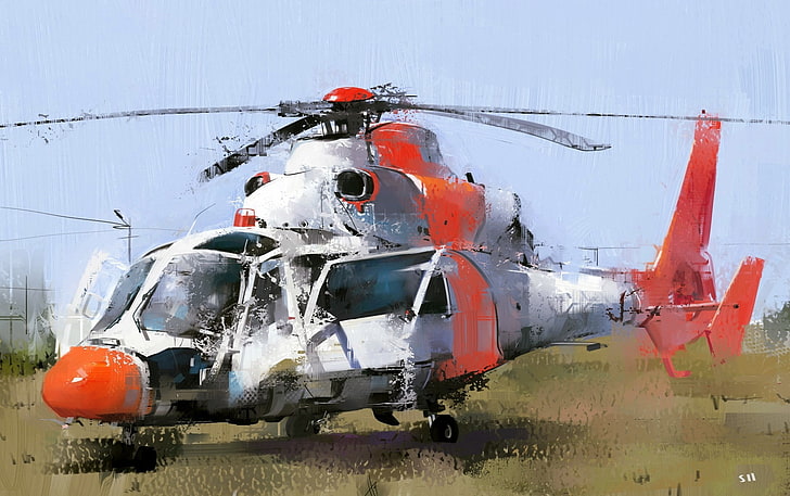 helikoptery, grafika, grafika cyfrowa, malarstwo, 2D, ShuoLin Liu, ilustracja, pojazd, Tapety HD