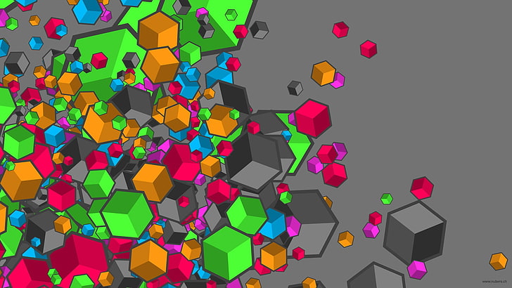 зелен, сив и лилав куб тапет, абстрактен, геометрия, куб, цветен, HD тапет