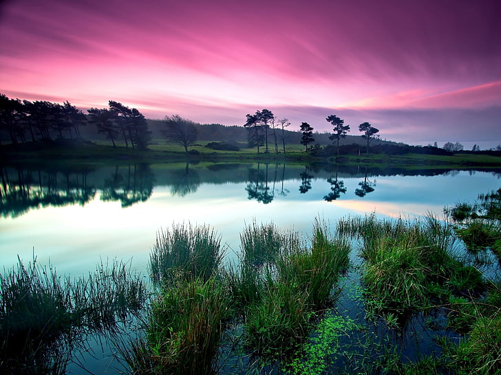 Beautiful Peaceful Nature Lakes, body of water, Nature, Lake, pink, water, sky, colorful, grassland, HD wallpaper